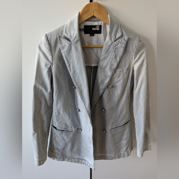 LOVE MOSCHINO Distressed Blue and White Striped Cotton Blazer US Size 2 - Picture 7 of 9